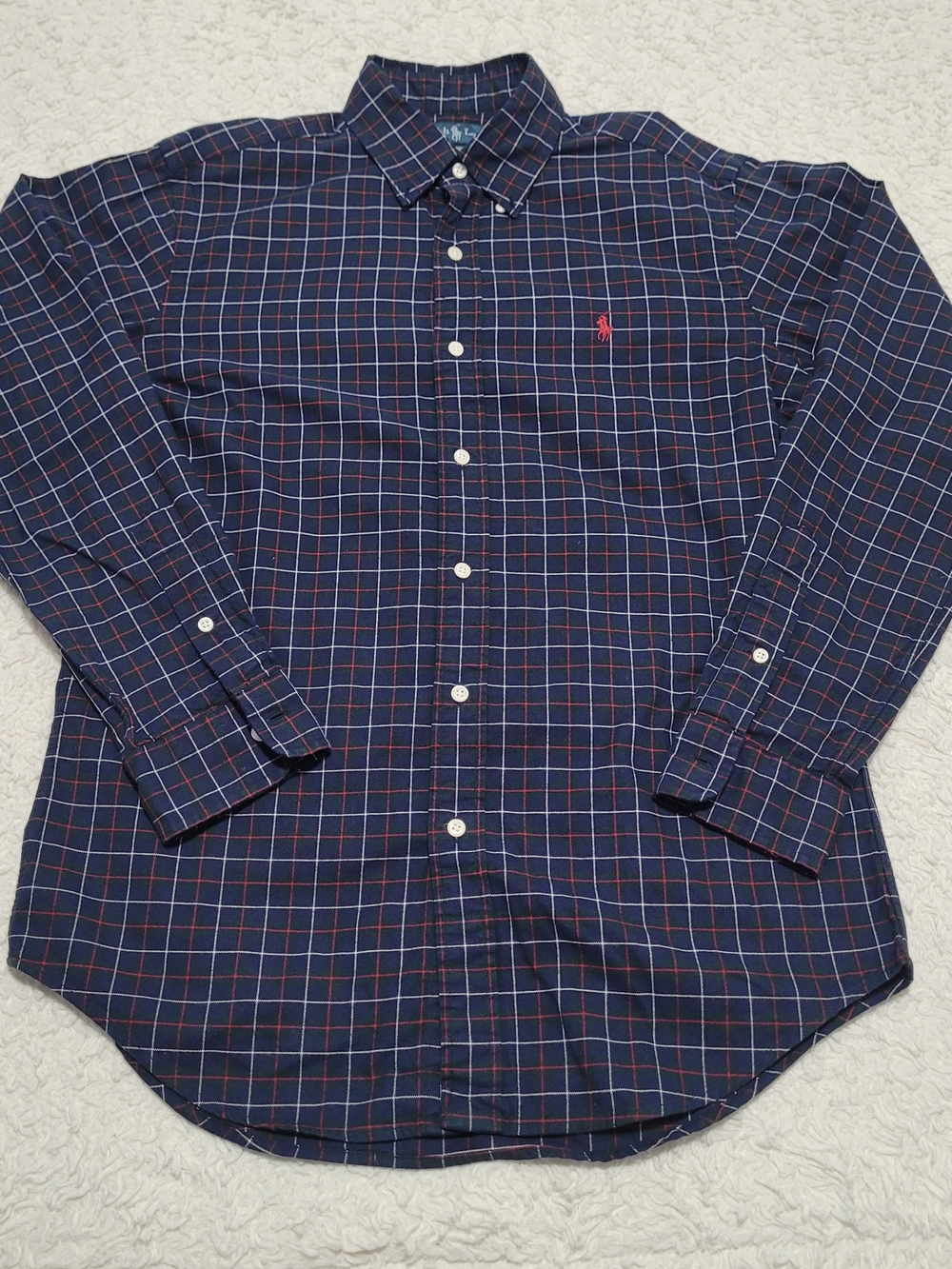 Ralph Lauren Navy Plaid Button-Up Shirt with Red Accent Claic Fit Size Small